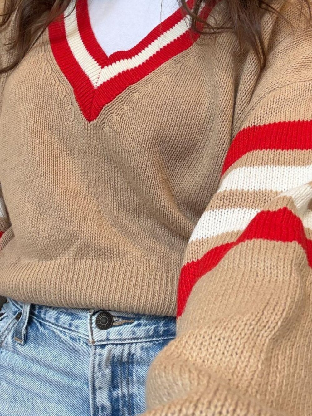 Urban Outfitters Tan Cricket Sweater Red White Varsity Stripe V-Neck Size XS